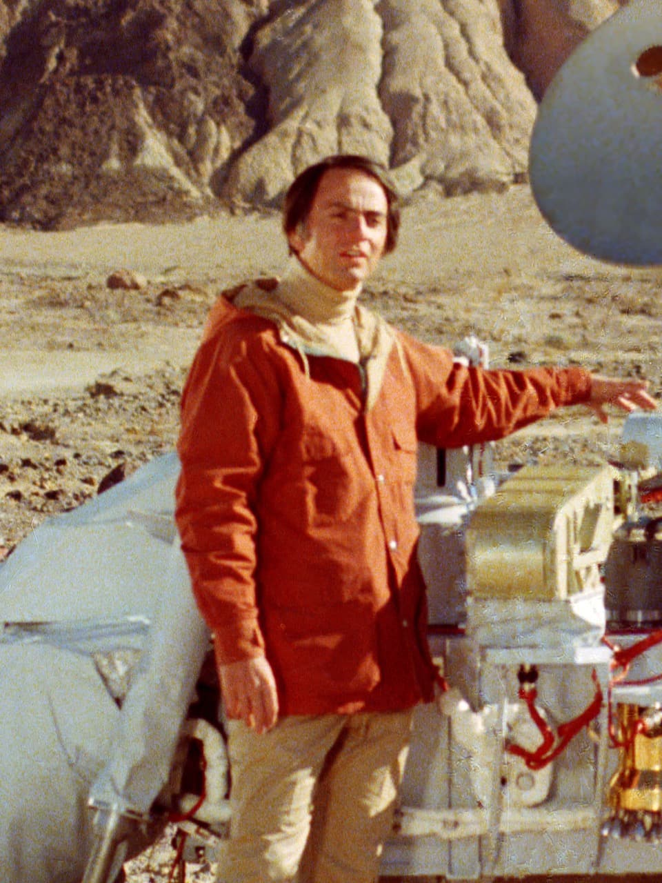 Carl Sagan standing beside a Viking lander, from NASA/JPL